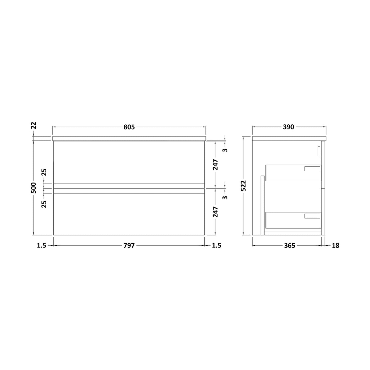 [BFRA306LCM] Mavesyn Contemporary 2 Drawer Wall Hung Vanity Unit with Laminate Worktop, Dark Blue, 800mm - Technical Drawing