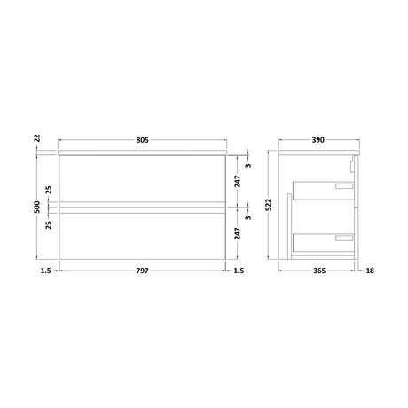 [BFRA306LCM] Mavesyn Contemporary 2 Drawer Wall Hung Vanity Unit with Laminate Worktop, Dark Blue, 800mm - Technical Drawing