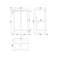 [BFRA307A] Mavesyn Contemporary 2 Door Floor Standing Vanity Unit with Mid-Edge Basin - Choice of Size and Colour - Technical Drawing