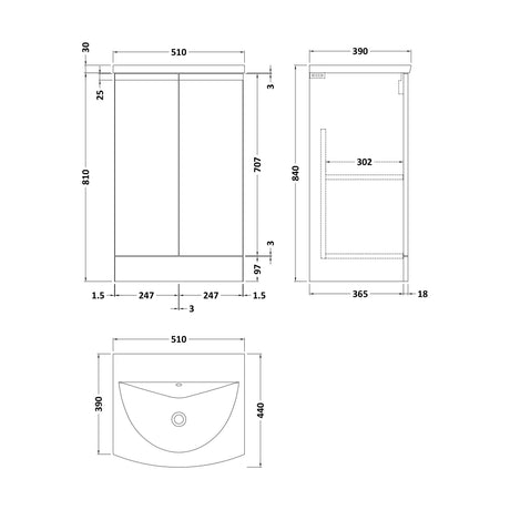 [BFRA307G] Mavesyn Contemporary 2 Door Floor Standing Vanity Unit with Curved Basin, Dark Blue, 500mm - Technical Drawing