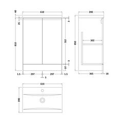 [BFRA308A] Mavesyn Contemporary 2 Door Floor Standing Vanity Unit with Mid-Edge Basin, Dark Blue, 600mm - Technical Drawing