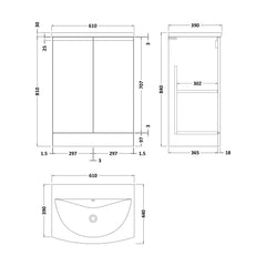 [BFRA308G] Mavesyn Contemporary 2 Door Floor Standing Vanity Unit with Curved Basin, Dark Blue, 600mm - Technical Drawing
