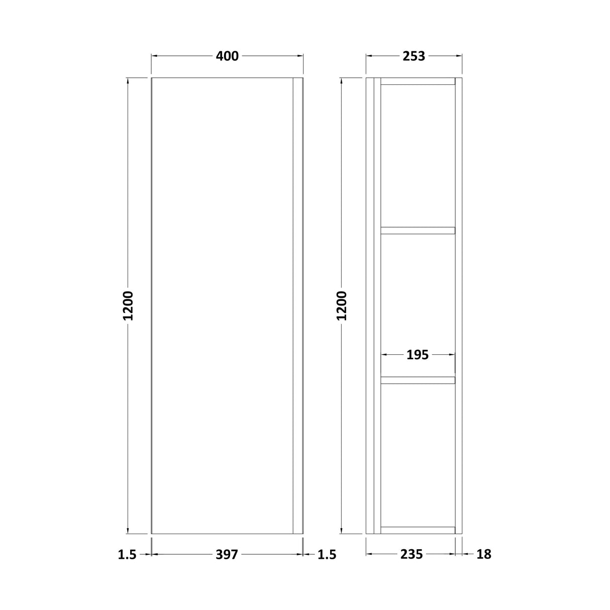[BFRA362] Mavesyn Contemporary 1 Soft Close Door Wall Hung Tall Storage Unit, 400mm, Choice of Colour - Technical Drawing