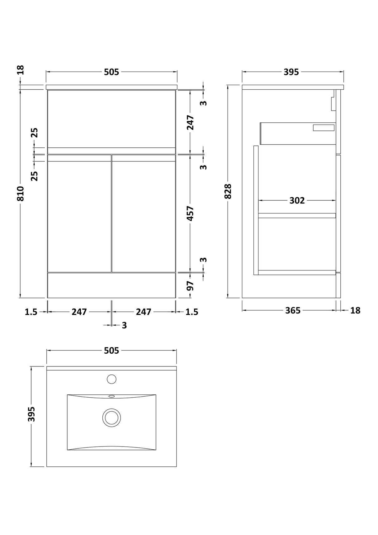 [BFRA801B] Mavesyn Contemporary 2 Door 1 Drawer Floor Standing Vanity Unit with Minimalist Basin - Choice of Size and Colour - Technical Drawing