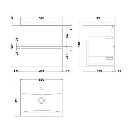 [BFRA802A] Mavesyn Contemporary 2 Drawer Wall Hung Vanity Unit with Mid-Edge Basin, Satin Green, 500mm - Technical Drawing