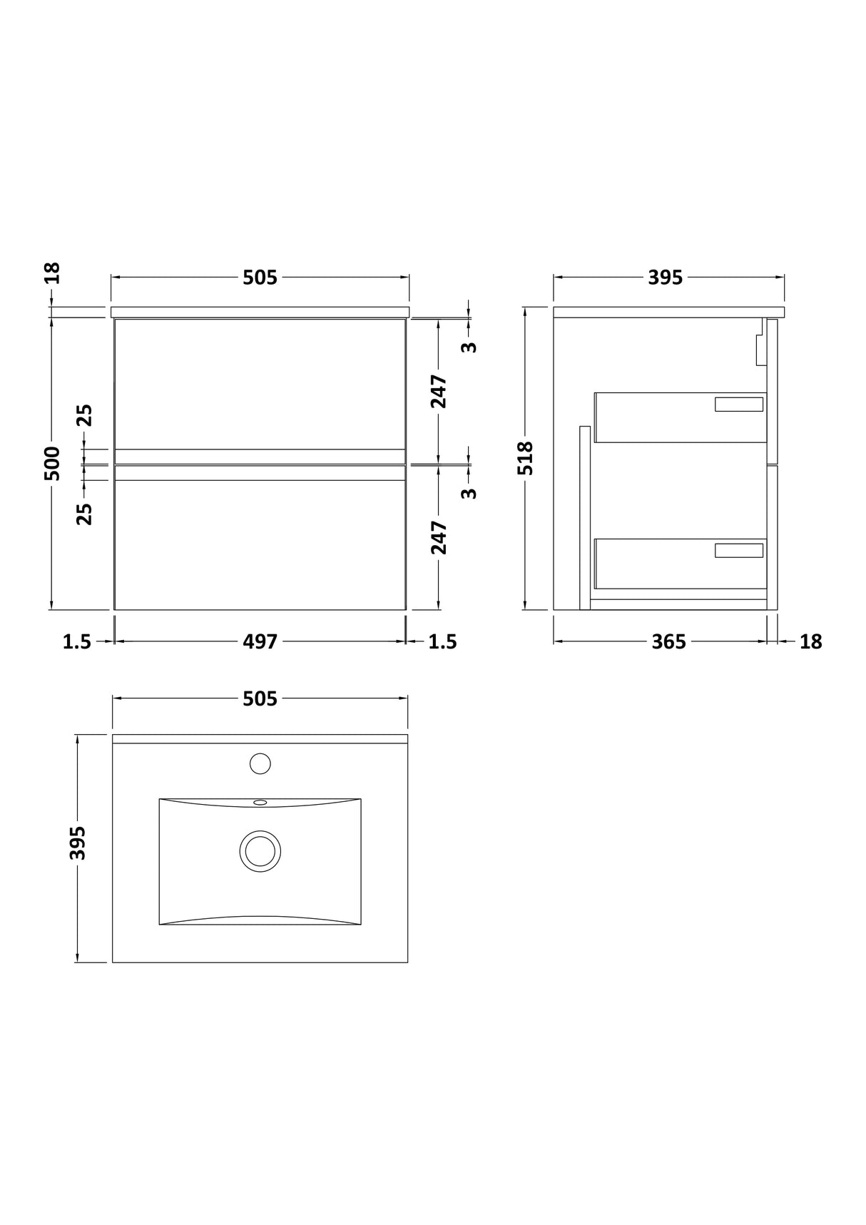 [BFRA802B] Mavesyn Contemporary 2 Drawer Wall Hung Vanity Unit with Minimalist Basin - Choice of Size and Colour - Technical Drawing