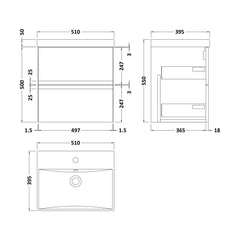 [BFRA802D] Mavesyn Contemporary 2 Drawer Wall Hung Vanity Unit with Thin Edge Basin, Satin Green, 500mm - Technical Drawing
