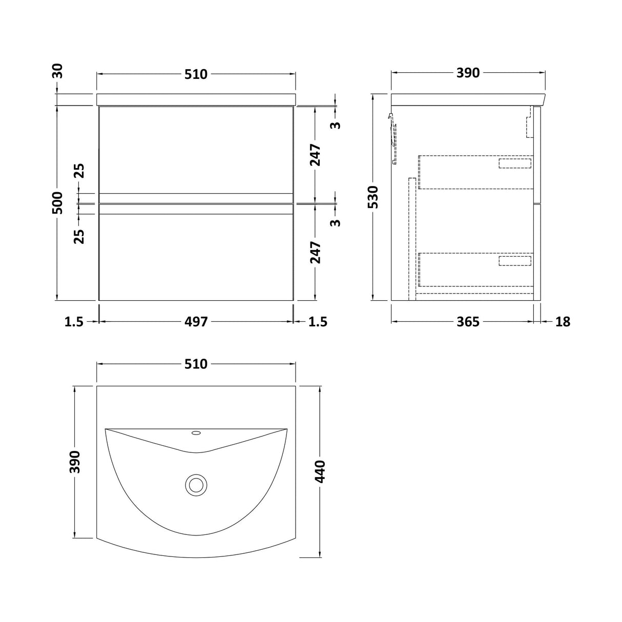 [BFRA802G] Mavesyn Contemporary 2 Drawer Wall Hung Vanity Unit with Curved Basin, Satin Green, 500mm - Technical Drawing