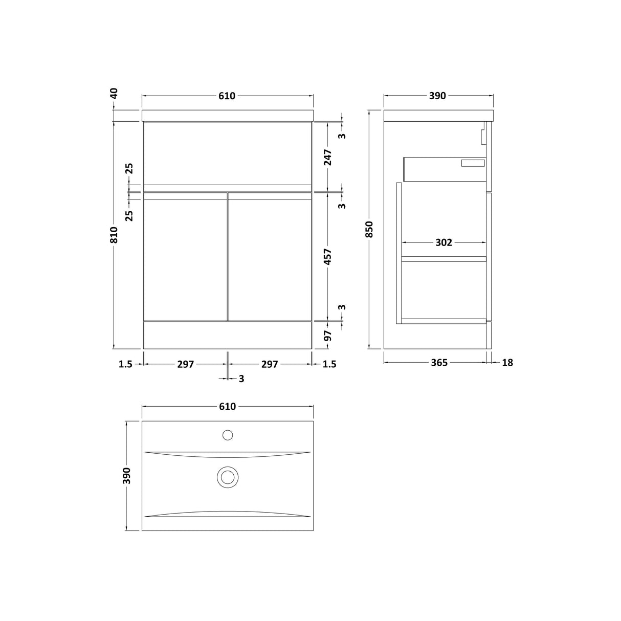 [BFRA803A] Mavesyn Contemporary 2 Door 1 Drawer Floor Standing Vanity Unit with Mid-Edge Basin - Choice of Size and Colour - Technical Drawing