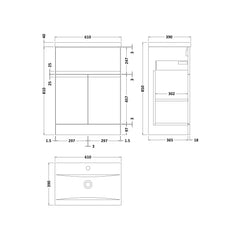 [BFRA803A] Mavesyn Contemporary 2 Door 1 Drawer Floor Standing Vanity Unit with Mid-Edge Basin - Choice of Size and Colour - Technical Drawing