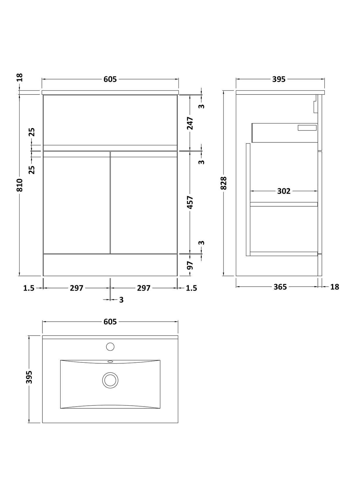[BFRA803B] Mavesyn Contemporary 2 Door 1 Drawer Floor Standing Vanity Unit with Minimalist Basin - Choice of Size and Colour - Technical Drawing