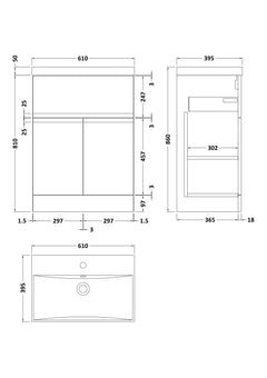 [BFRA803D] Mavesyn Contemporary 2 Door 1 Drawer Floor Standing Vanity Unit with Thin Edge Basin - Choice of Size and Colour - Technical Drawing