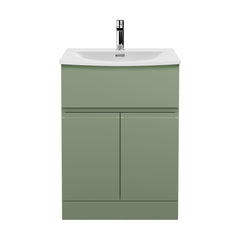 [BFRA803G] Mavesyn Contemporary 2 Door 1 Drawer Floor Standing Vanity Unit with Curved Basin, Satin Green, 600mm - Cutout