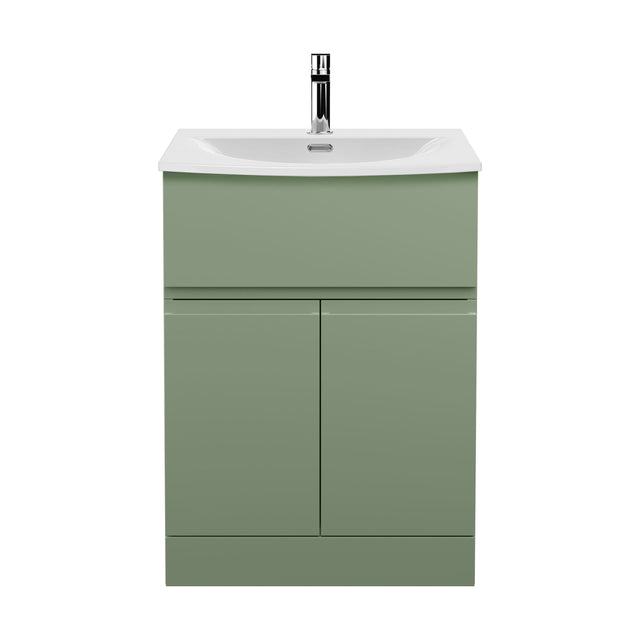 [BFRA803G] Mavesyn Contemporary 2 Door 1 Drawer Floor Standing Vanity Unit with Curved Basin, Satin Green, 600mm - Cutout
