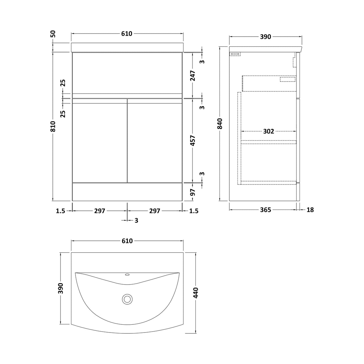 [BFRA803G] Mavesyn Contemporary 2 Door 1 Drawer Floor Standing Vanity Unit with Curved Basin, Satin Green, 600mm - Technical Drawing
