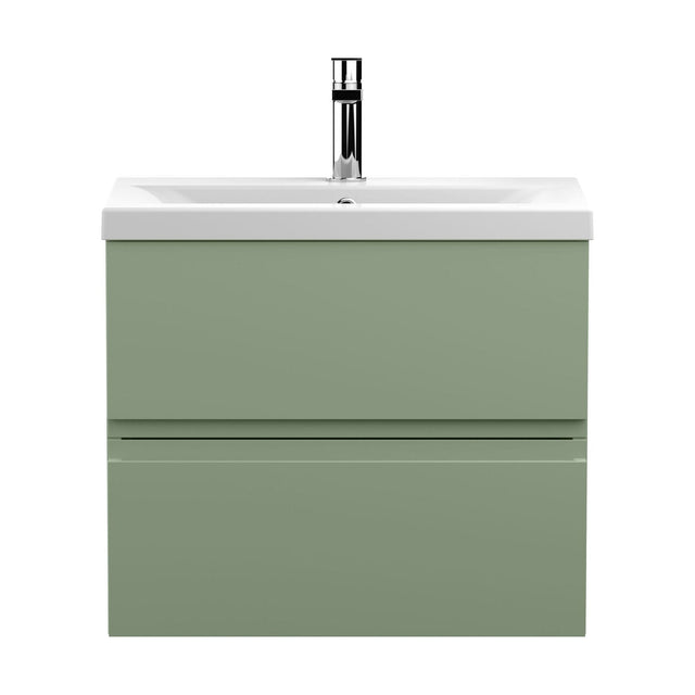 [BFRA804A] Mavesyn Contemporary 2 Drawer Wall Hung Vanity Unit with Mid-Edge Basin, Satin Green, 600mm - Cutout