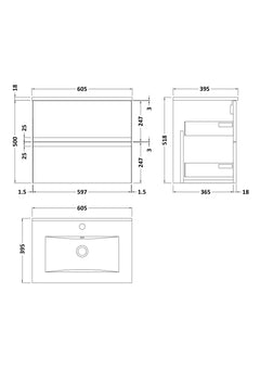 [BFRA804B] Mavesyn Contemporary 2 Drawer Wall Hung Vanity Unit with Minimalist Basin - Choice of Size and Colour - Technical Drawing