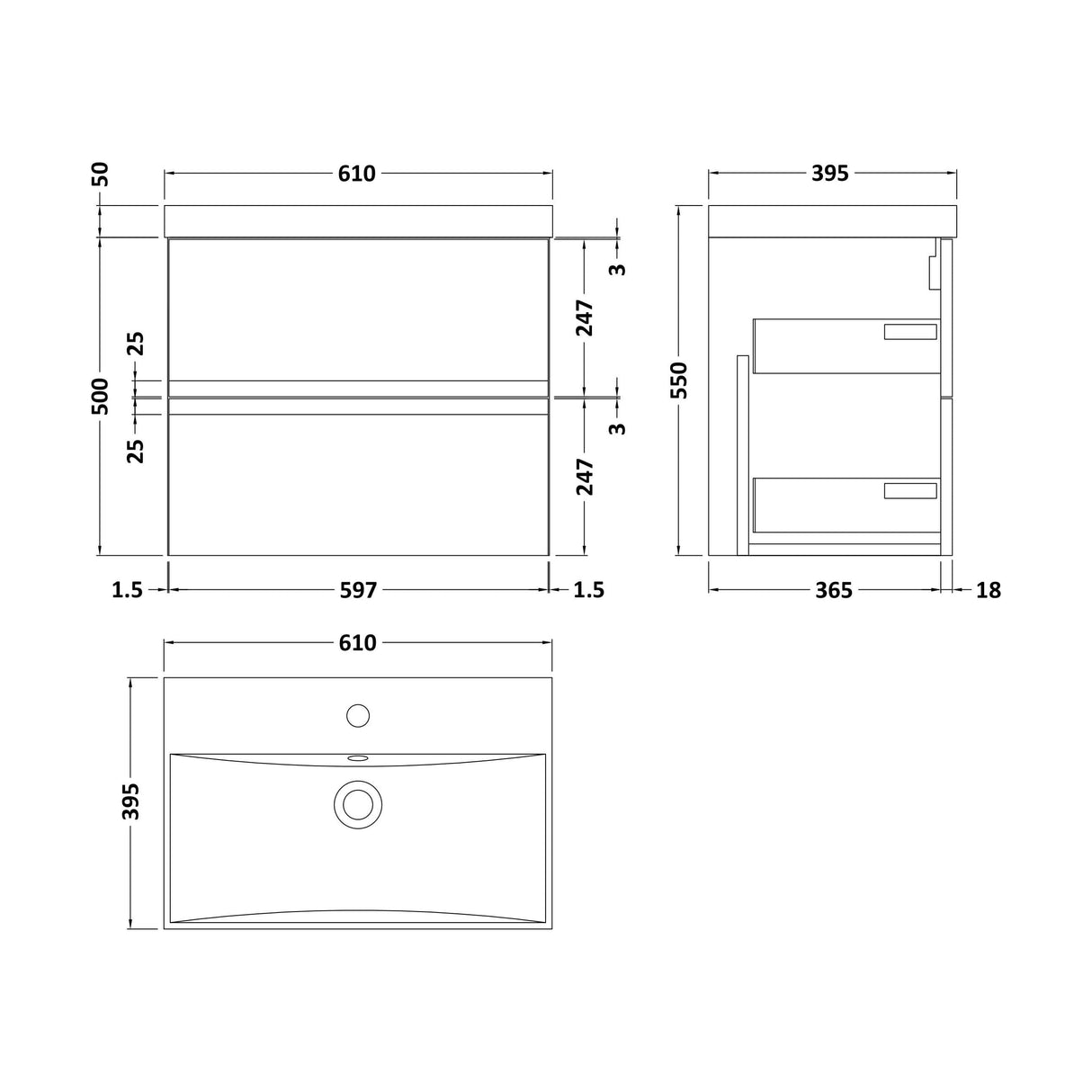 [BFRA804D] Mavesyn Contemporary 2 Drawer Wall Hung Vanity Unit with Thin Edge Basin, Satin Green, 600mm - Technical Drawing