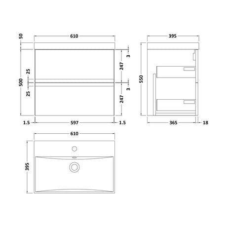 [BFRA804D] Mavesyn Contemporary 2 Drawer Wall Hung Vanity Unit with Thin Edge Basin, Satin Green, 600mm - Technical Drawing
