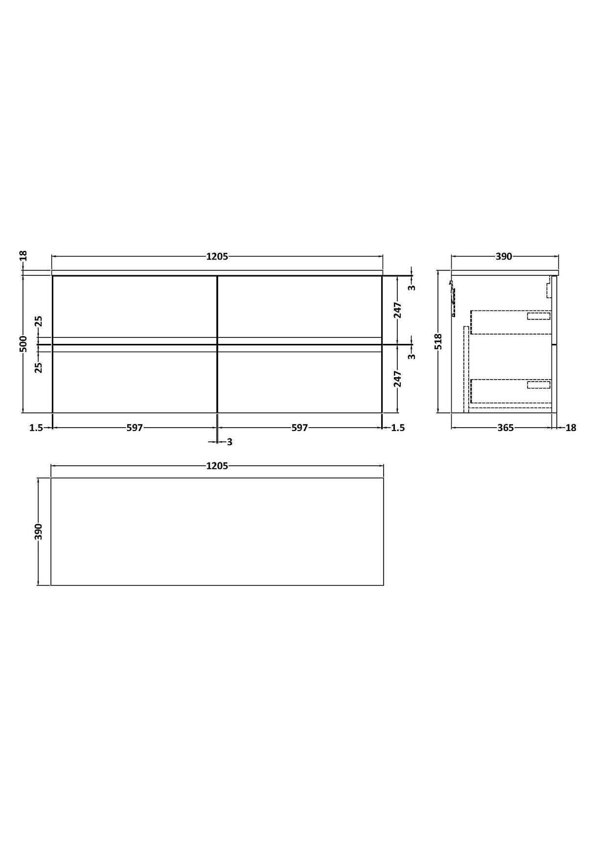 [BFRA804W2] Mavesyn Contemporary 4 Drawer Wall Hung Vanity Unit with Worktop - Choice of Colour - Technical Drawing
