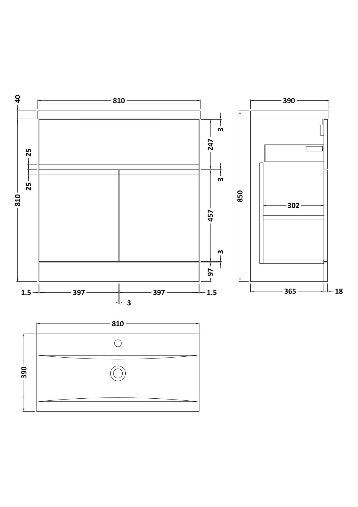 [BFRA805A] Mavesyn Contemporary 2 Door 1 Drawer Floor Standing Vanity Unit with Mid-Edge Basin - Choice of Size and Colour - Technical Drawing