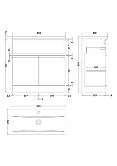 [BFRA805A] Mavesyn Contemporary 2 Door 1 Drawer Floor Standing Vanity Unit with Mid-Edge Basin - Choice of Size and Colour - Technical Drawing