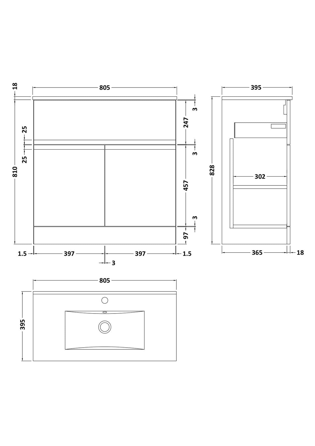 [BFRA805B] Mavesyn Contemporary 2 Door 1 Drawer Floor Standing Vanity Unit with Minimalist Basin - Choice of Size and Colour - Technical Drawing