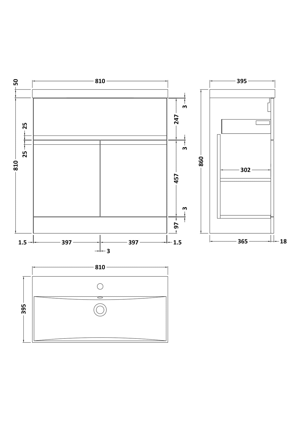 [BFRA805D] Mavesyn Contemporary 2 Door 1 Drawer Floor Standing Vanity Unit with Thin Edge Basin - Choice of Size and Colour - Technical Drawing