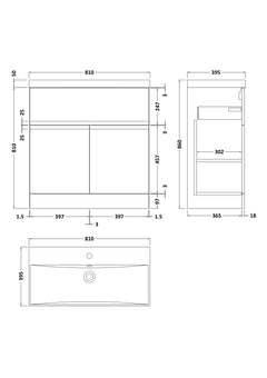 [BFRA805D] Mavesyn Contemporary 2 Door 1 Drawer Floor Standing Vanity Unit with Thin Edge Basin - Choice of Size and Colour - Technical Drawing