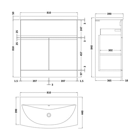 [BFRA805G] Mavesyn Contemporary 2 Door 1 Drawer Floor Standing Vanity Unit with Curved Basin, Satin Green, 800mm - Technical Drawing