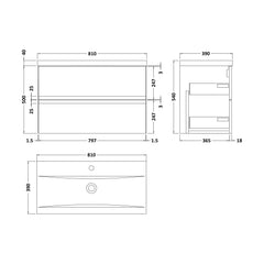 [BFRA806A] Mavesyn Contemporary 2 Drawer Wall Hung Vanity Unit with Mid-Edge Basin, Satin Green, 800mm - Technical Drawing