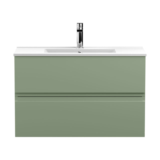 [BFRA806B] Mavesyn Contemporary 2 Drawer Wall Hung Vanity Unit with Minimalist Basin, Satin Green, 800mm - Cutout