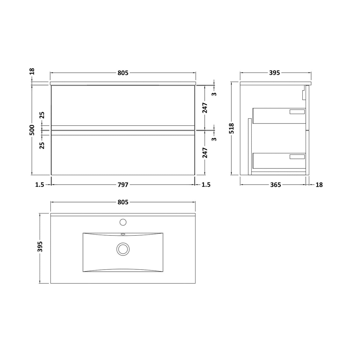 [BFRA806B] Mavesyn Contemporary 2 Drawer Wall Hung Vanity Unit with Minimalist Basin, Satin Green, 800mm - Technical Drawing