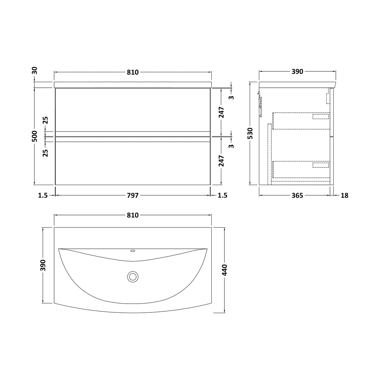 [BFRA806G] Mavesyn Contemporary 2 Drawer Wall Hung Vanity Unit with Curved Basin, Satin Green, 800mm - Technical Drawing