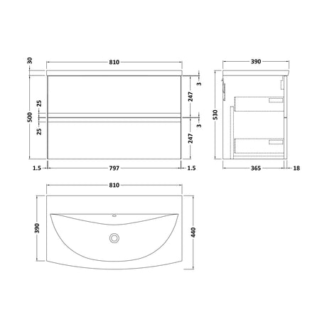 [BFRA806G] Mavesyn Contemporary 2 Drawer Wall Hung Vanity Unit with Curved Basin, Satin Green, 800mm - Technical Drawing