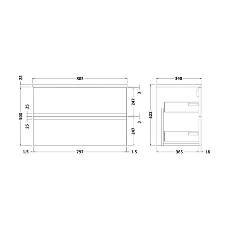 [BFRA806LBG] Mavesyn Contemporary 2 Drawer Wall Hung Vanity Unit with Laminate Worktop, Satin Green, 800mm - Technical Drawing