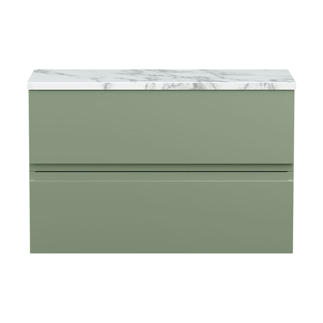 [BFRA806LCM] Mavesyn Contemporary 2 Drawer Wall Hung Vanity Unit with Laminate Worktop, Satin Green, 800mm - Cutout