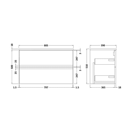 [BFRA806W] Mavesyn Contemporary 2 Drawer Wall Hung Vanity Unit with Worktop, Satin Green, 800mm - Technical Drawing