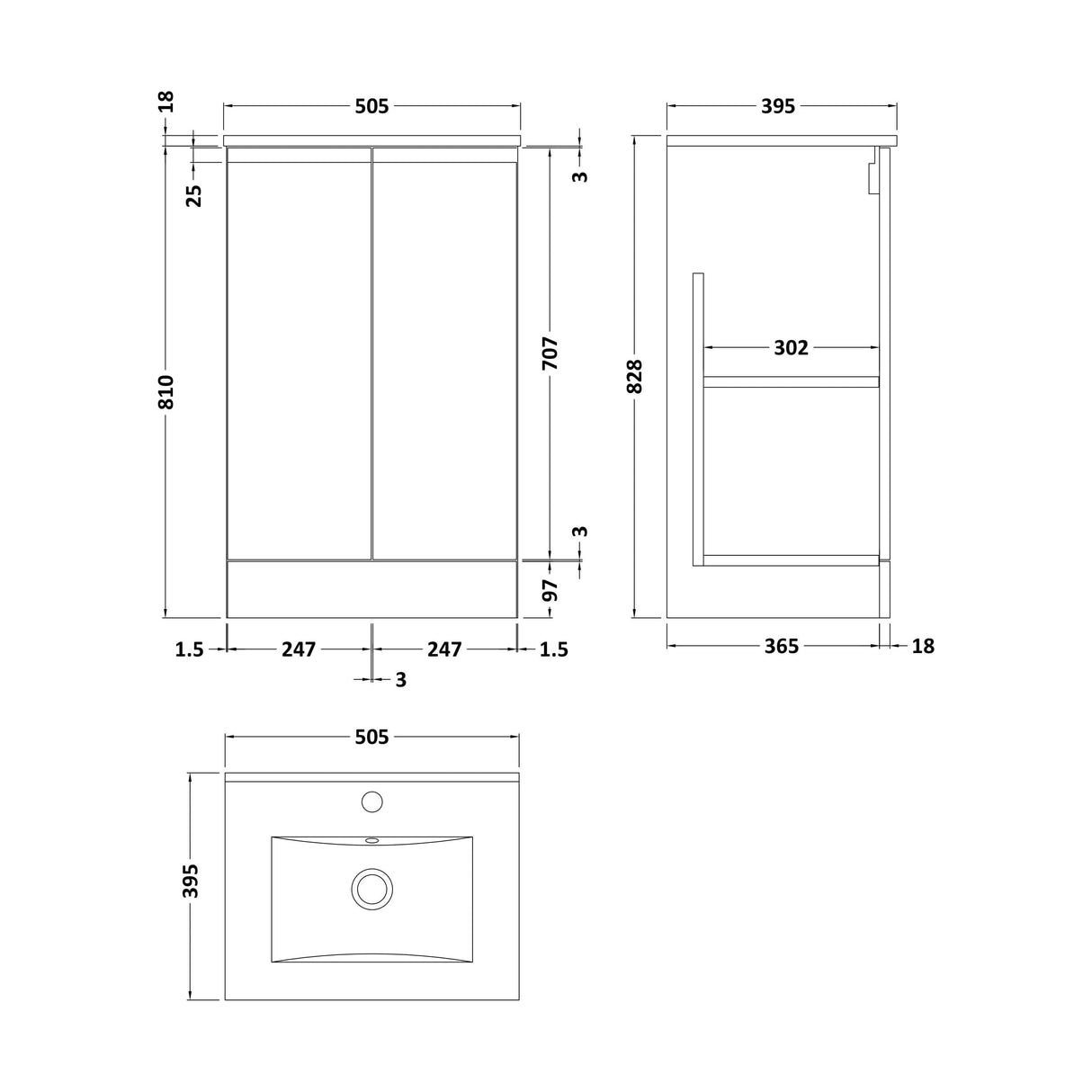 [BFRA807B] Mavesyn Contemporary 2 Door Floor Standing Vanity Unit with Minimalist Basin, Satin Green, 500mm - Technical Drawing