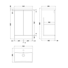 [BFRA807D] Mavesyn Contemporary 2 Door Floor Standing Vanity Unit with Thin Edge Basin, Satin Green, 500mm - Technical Drawing