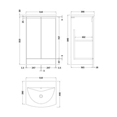 [BFRA807G] Mavesyn Contemporary 2 Door Floor Standing Vanity Unit with Curved Basin, Satin Green, 500mm - Technical Drawing
