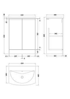 [BFRA808G] Mavesyn Contemporary 2 Door Floor Standing Vanity Unit with Curved Basin - Choice of Size and Colour - Technical Drawing