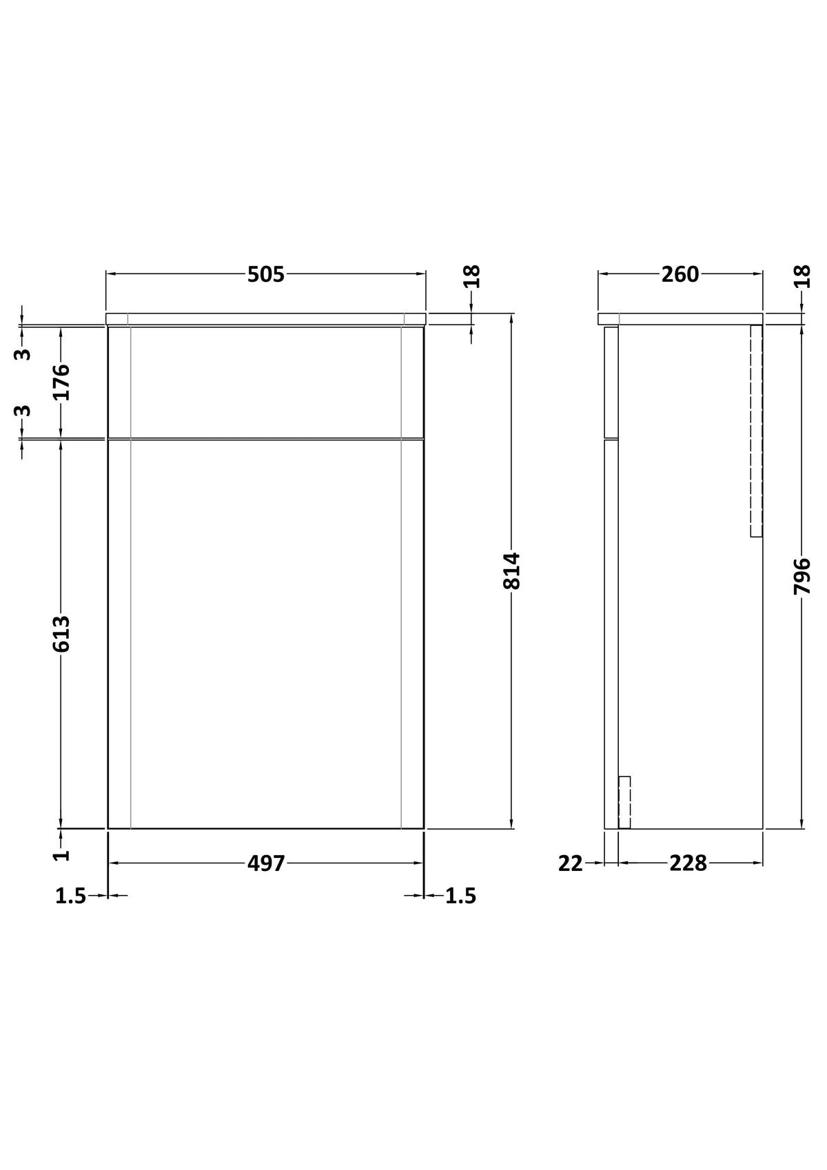 [BFRC1841] Flashbrook Contemporary Floor Standing WC Toilet Unit - 500mm - Choice of Finish - Technical Drawing