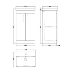 [BFRI004D] Millwich Contemporary 2 Door Floor Standing Vanity Unit with Thin Edge Basin, Anthracite Woodgrain, 500mm - Technical Drawing