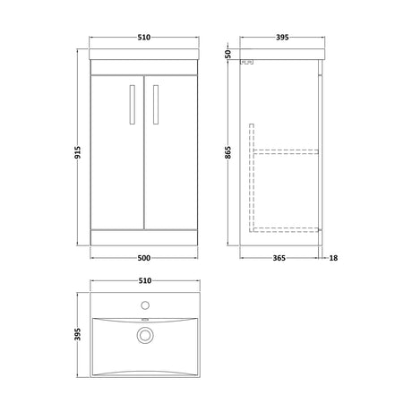[BFRI004D] Millwich Contemporary 2 Door Floor Standing Vanity Unit with Thin Edge Basin, Anthracite Woodgrain, 500mm - Technical Drawing