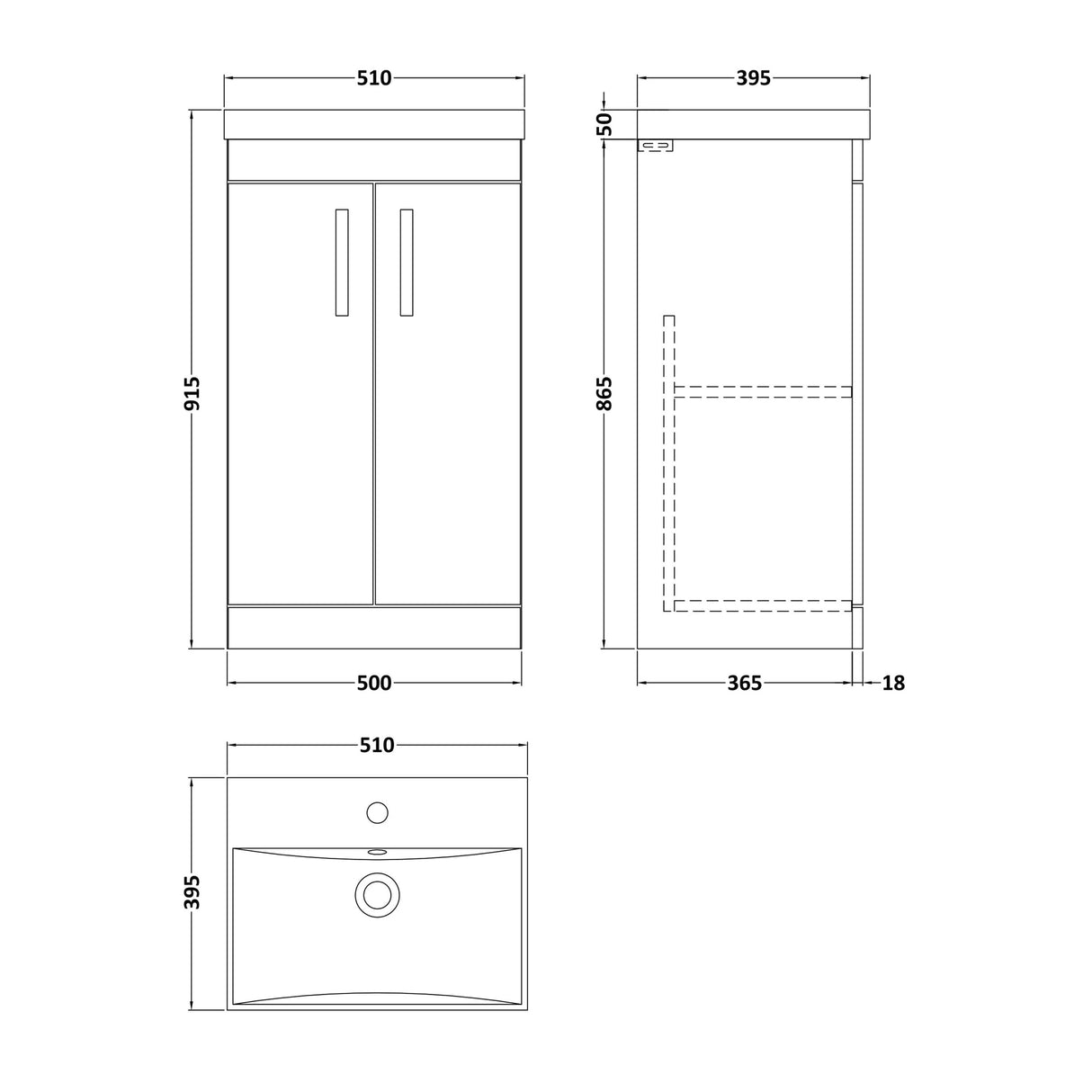 [BFRI005D] Millwich Contemporary 2 Door Floor Standing Vanity Unit with Thin Edge Basin - Choice of Size and Colour - Technical Drawing