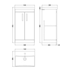 [BFRI005D] Millwich Contemporary 2 Door Floor Standing Vanity Unit with Thin Edge Basin - Choice of Size and Colour - Technical Drawing