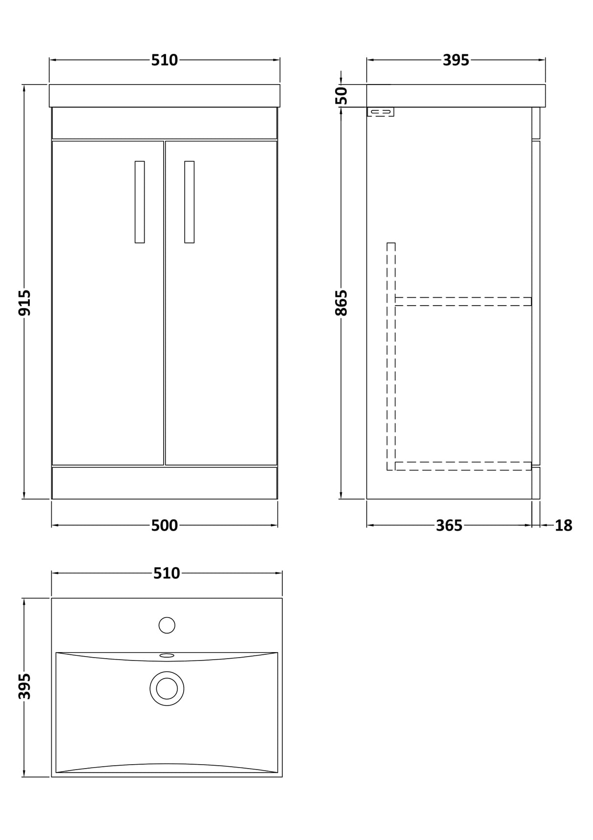 [BFRI006D] Millwich Contemporary 2 Door Floor Standing Vanity Unit with Thin Edge Basin - Choice of Size and Colour - Technical Drawing