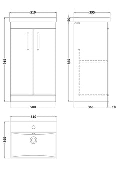 [BFRI006D] Millwich Contemporary 2 Door Floor Standing Vanity Unit with Thin Edge Basin - Choice of Size and Colour - Technical Drawing