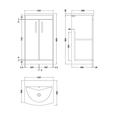 [BFRI006G] Millwich Contemporary 2 Door Floor Standing Vanity Unit with Curved Basin, Gloss White, 500mm - Technical Drawing
